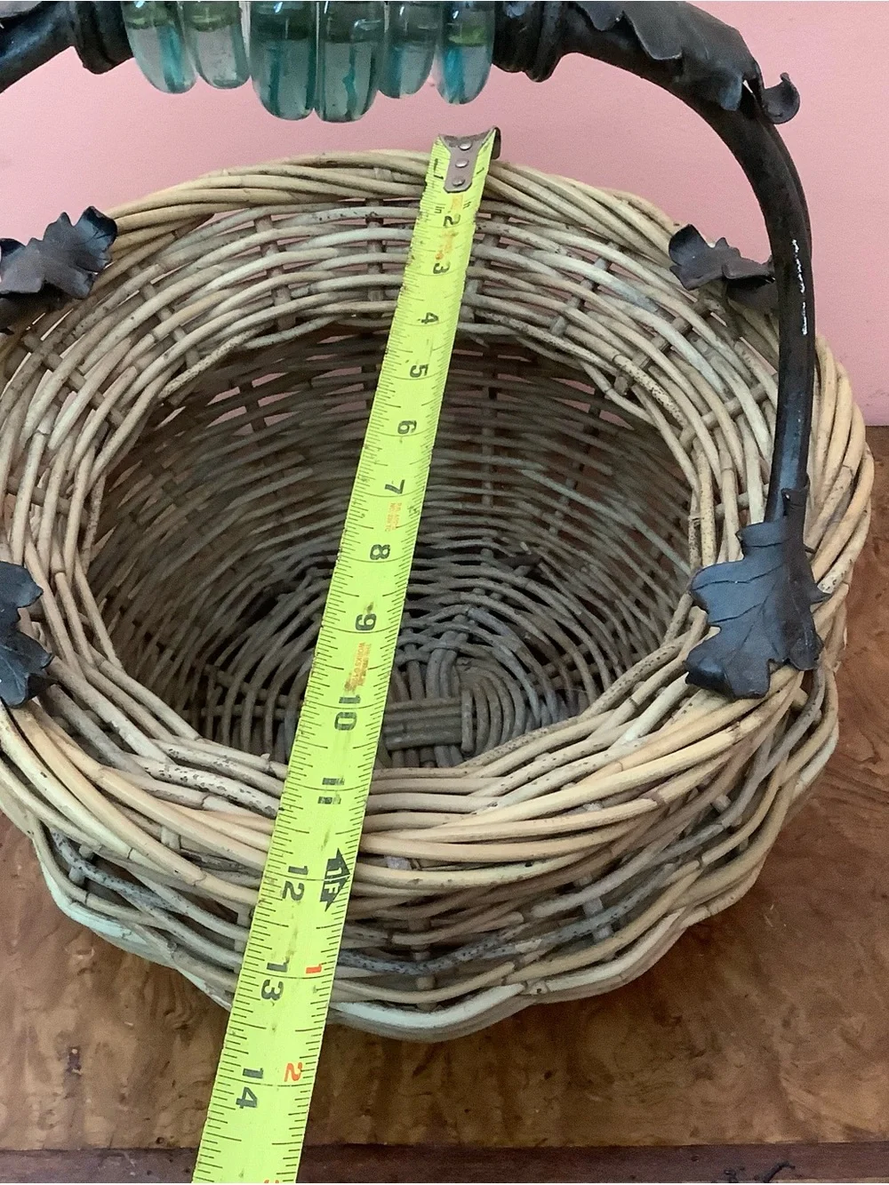 Vintage Handmade Wicker Basket, Wrought Iron Handle, Glass Rings & Oak Leaves